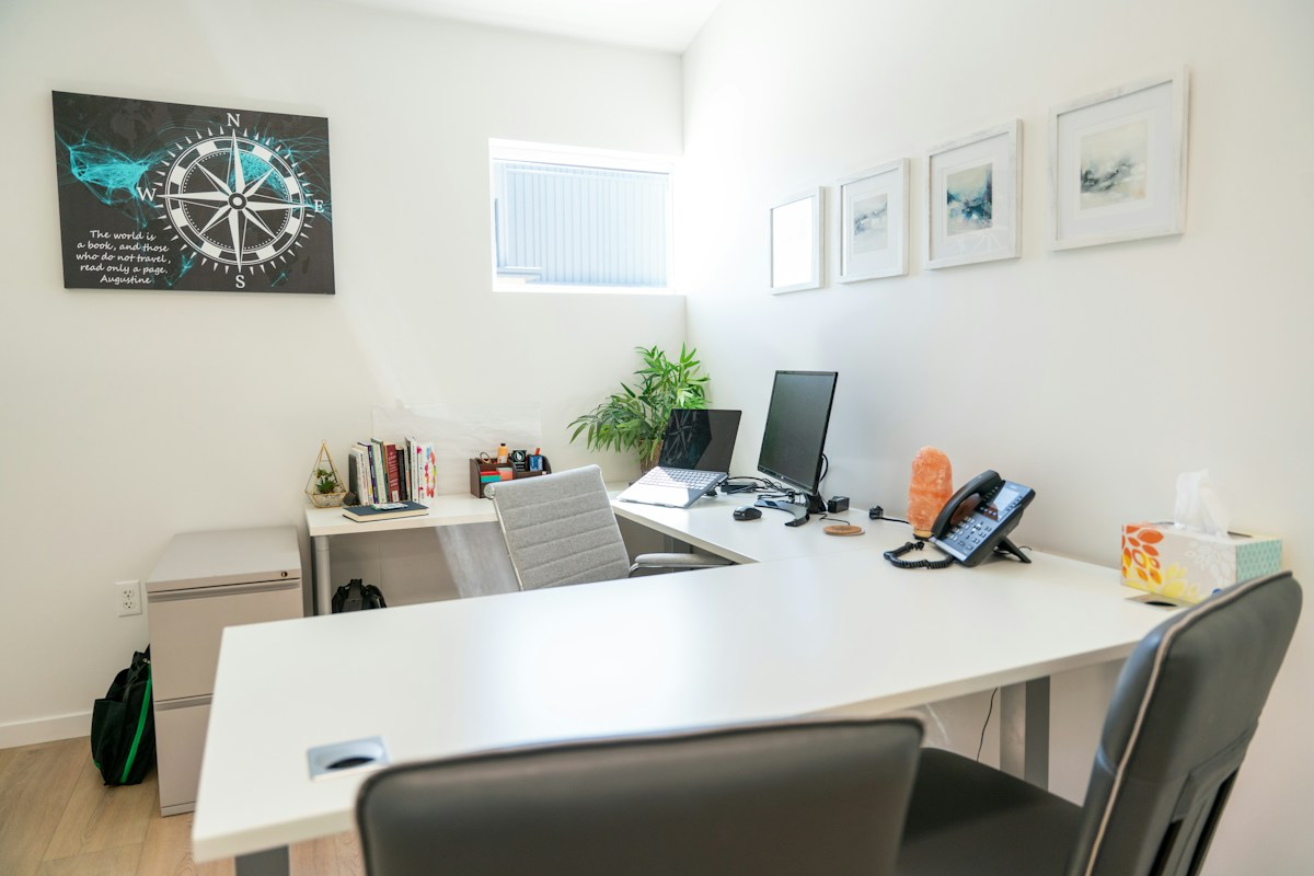 Organized office with a white desk, monitors, shelving and a plant